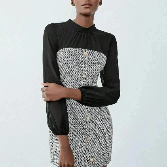 Black Elegant Women's Button Decor Chiffon Patchwork Lantern Sleeve Dress - Picture 3 of 6